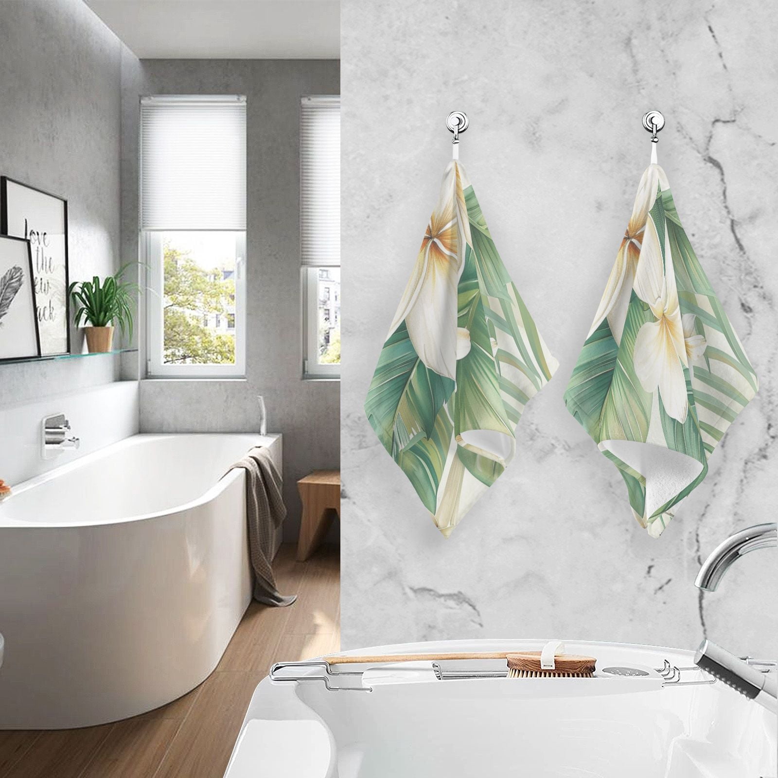 White Flower Green Leaves Hand Towels Cotton Bath Towels Large Face Towels Absorbent for Bathroom 2 Packs