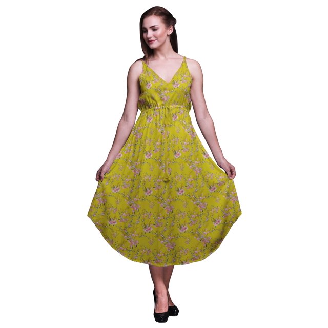 Bimba Floral Ladies Printed Resort Midi Drawstring Dress Spaghetti Strap Beach Wear-X-Large