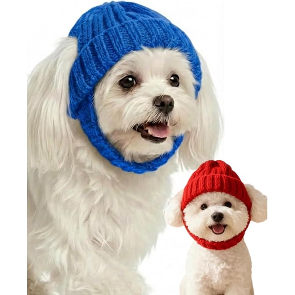 Red Wool Knit Dog Beanie with Ear Flaps - Warm Winter Hat, Flexible Fit That Stays Put for Small and Medium Breeds