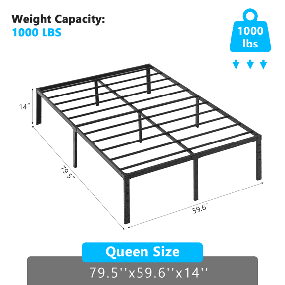 14 Inch Queen Size Metal Platform Bed Frame with Storage Space, Steel Support, No Box Spring Needed, Easy Assembly,  Weight Capacity 1000 LBS, Black