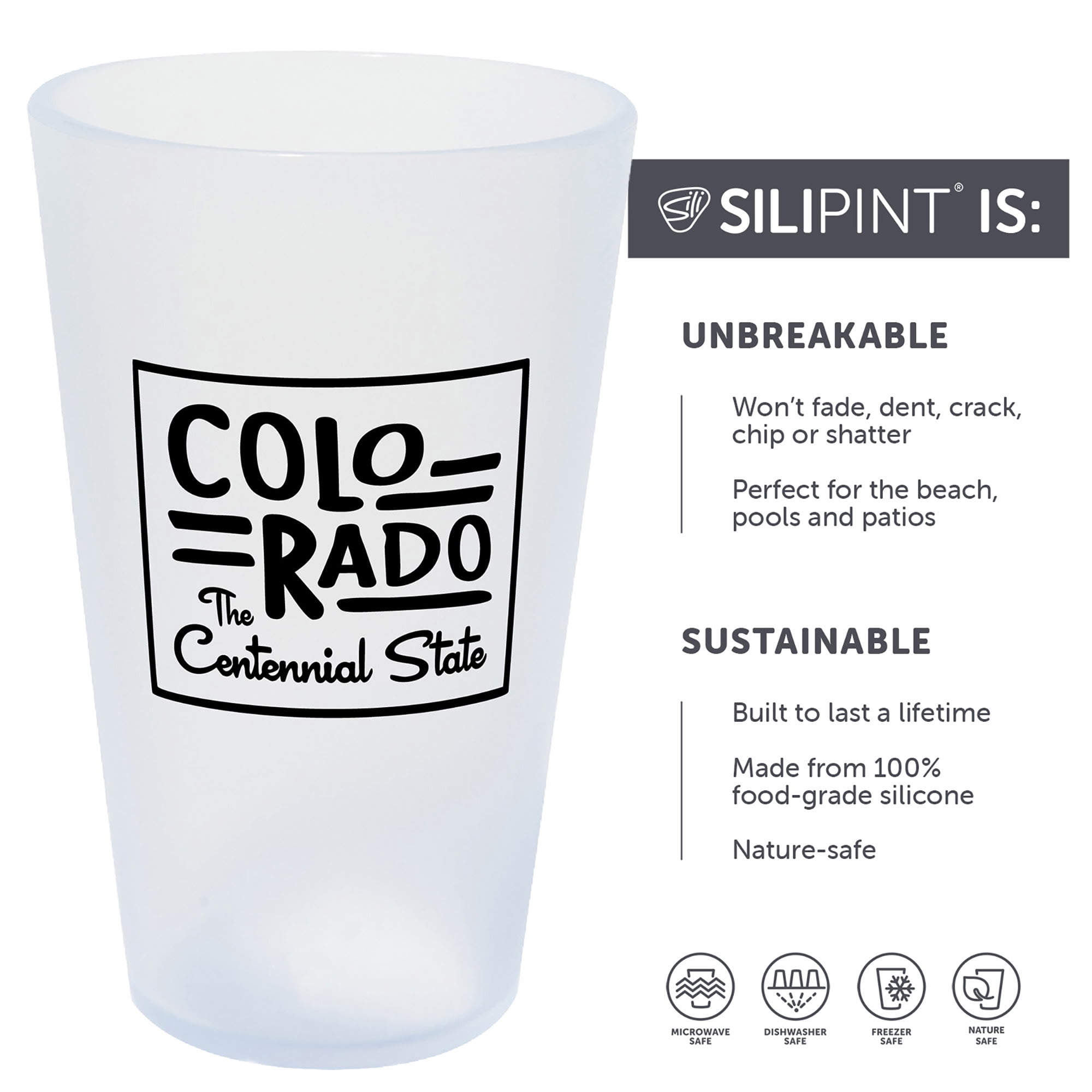 Silipint: State Pint Glasses 16oz: 2 Pack - Colorado - Icicle Silicone Cups, Unbreakable, Hot & Cold Drinks, Dishwasher-Microwave-Freezer-Oven Safe