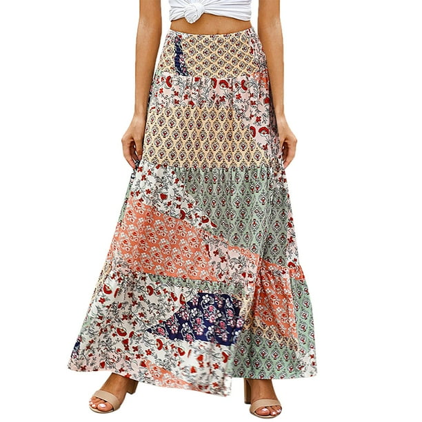 Gibobby faldas largas larga con estampado floral multicolor de cintura alta para mujer(Anaranjado, S)