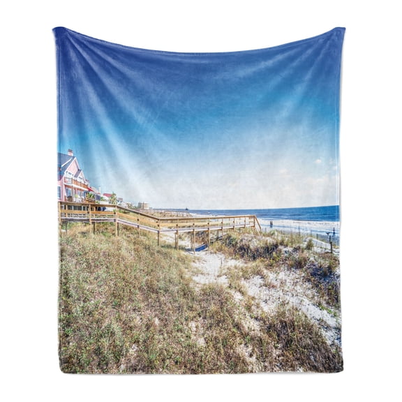 Beach Pathway Soft Flannel Fleece Throw Blanket, Coastal Scene Around Folly Beach in South Carolina with a Clear Blue Sky, Cozy Plush for Indoor and Outdoor Use, 60" x 80", Multicolor, by Ambesonne