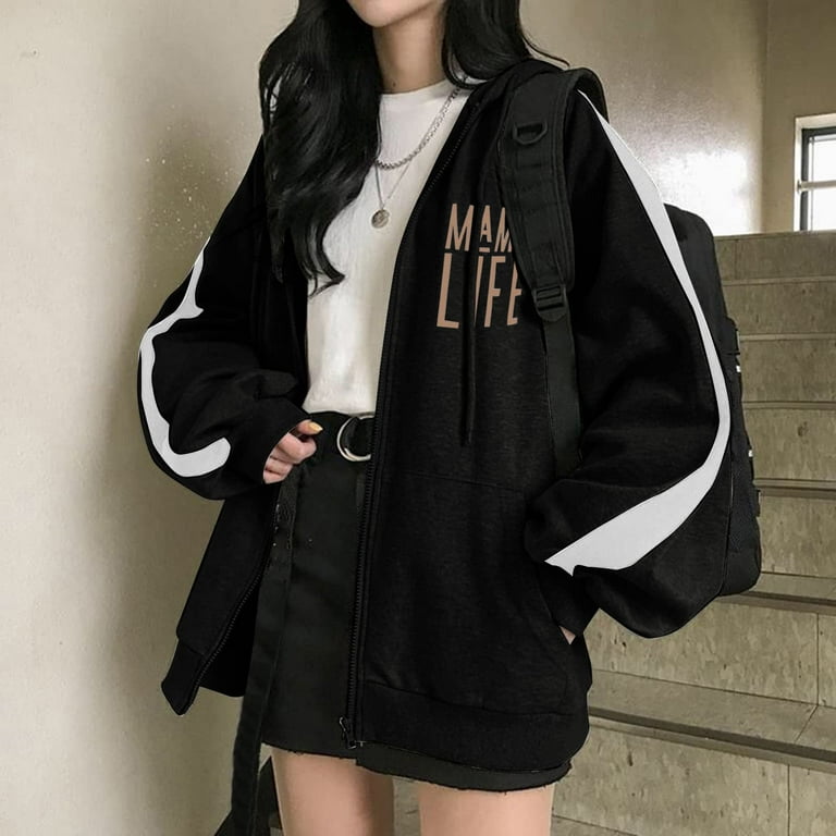 Lroplie Womens Workout Sweatshirts Zip Up Hoodie Fashion Oversized Plain Comfy Plus Size Sweatshirts Cute Jackets For Teen Black S Walmart
