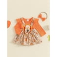 thumbnail image 3 of Suealasg Baby Girls Thanksgiving Clothes Long Sleeve Romper and Pumpkin Print Turkey Suspender Skirt Headband 3 6 12 18 Months Infant Girls Thanksgiving 3Pcs Outfit, 3 of 8