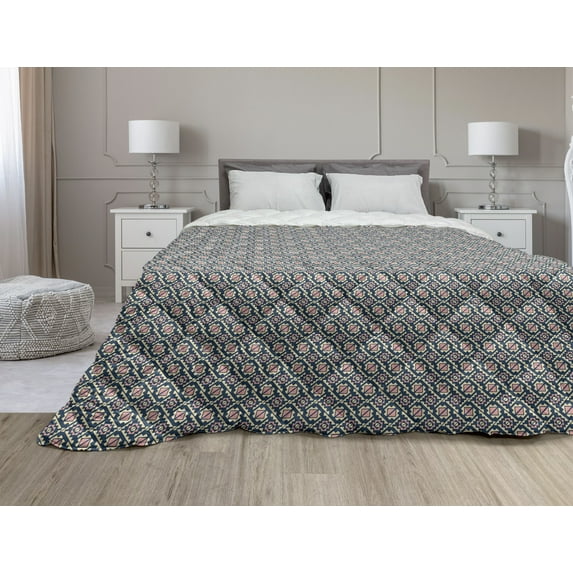 Geometric Down Alternative Comforter, Barcode Style Pattern in Retro Colors Straight Parallel Vertical Lines, Microfiber Quilt for All Season, 5 Sizes, Dark Blue Grey Yellow, by Ambesonne