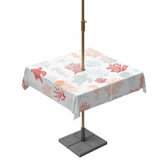 Outdoor Table Cloth with Umbrella Hole and Zipper, Red Orange Coastal Waterproof Square Tablecloth 54"x54", Nautical Summer Beach Coral Sea Turtle Washable Table Cover for Outside Party Patio Picnic