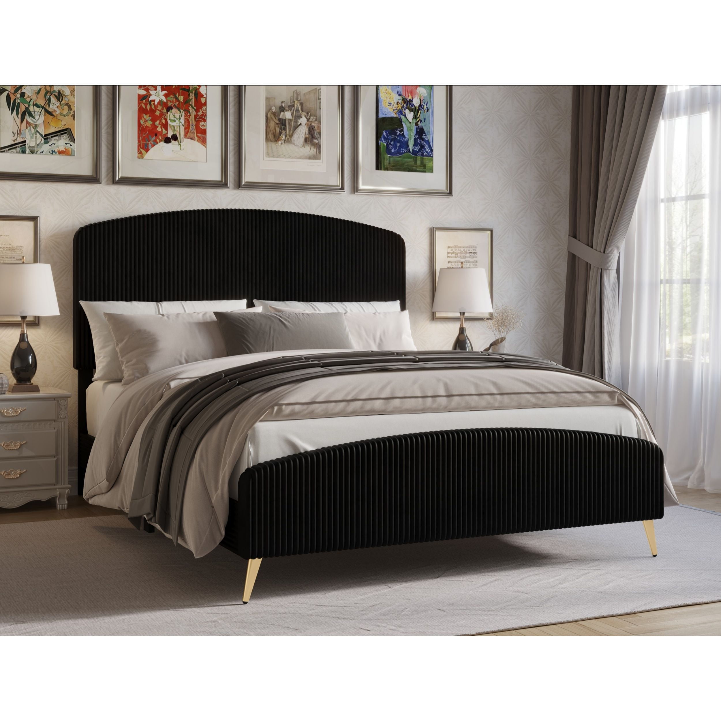 Home Design Everett Full Upholstered Panel Bed Frame with Curve-Shaped Design Headboard For Adult, Black, Easy Assembly