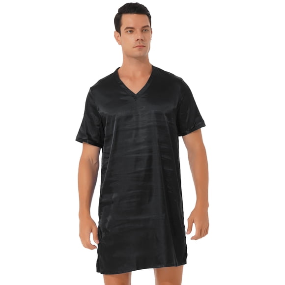 Ocealan Mens Satin Night Shirt V Neck Short Sleeve Sleep Shirt Loose Comfy Nightgown Black M