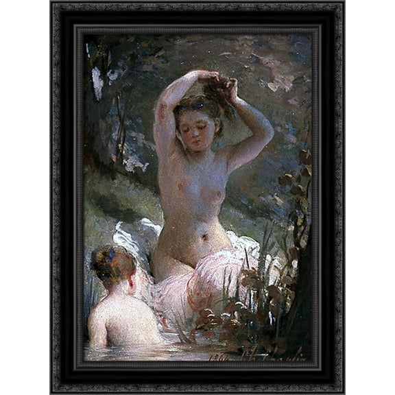 Two Girls Bathing 19x24 Black Ornate Wood Framed Canvas Art by Chaplin, Charles