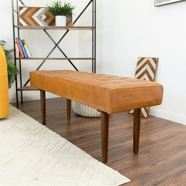 Allora Mid Century Modern Genuine Leather Bench in Tan Walmart