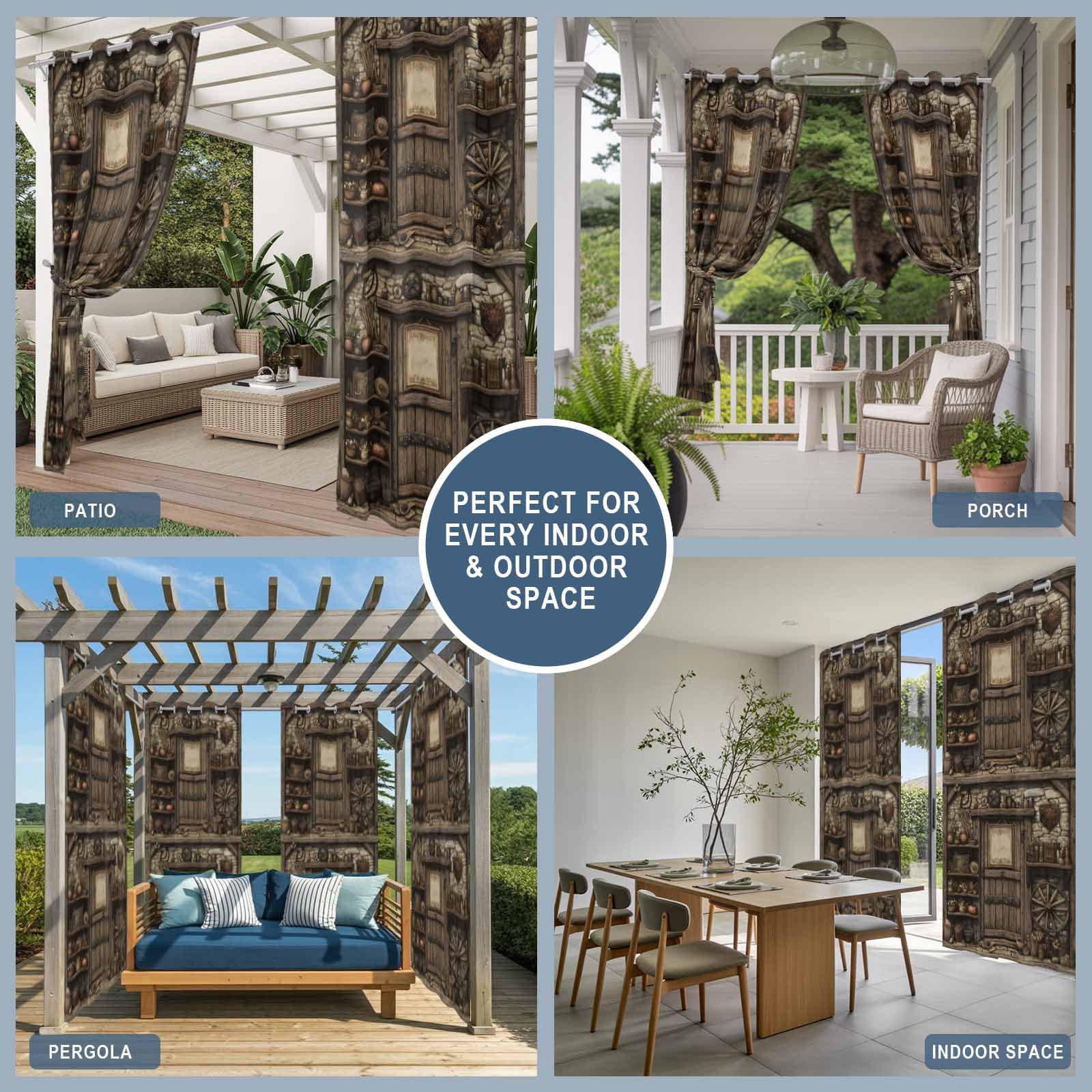 Outdoor Curtains for Patio Waterproof, Farmhouse Wooden Windproof Pravicy Outside Porch Blackout Curtain, Old Vintage Antique Time Cottage Scene Sun Blocking Grommets Curtains for Cabana 54"x108"