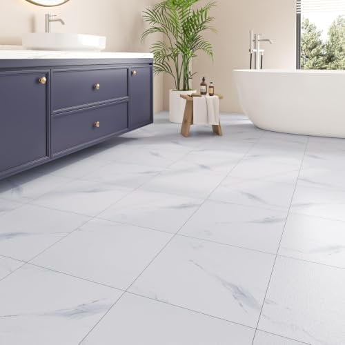 White Marble Peel and Stick Floor Tile 12in x 12in Vinyl Flooring Self Adhesive Marble Floor Tiles for Kitchen Bathroom Bedroom Entryway DIY Small Space Renovation 3 Tiles Pack