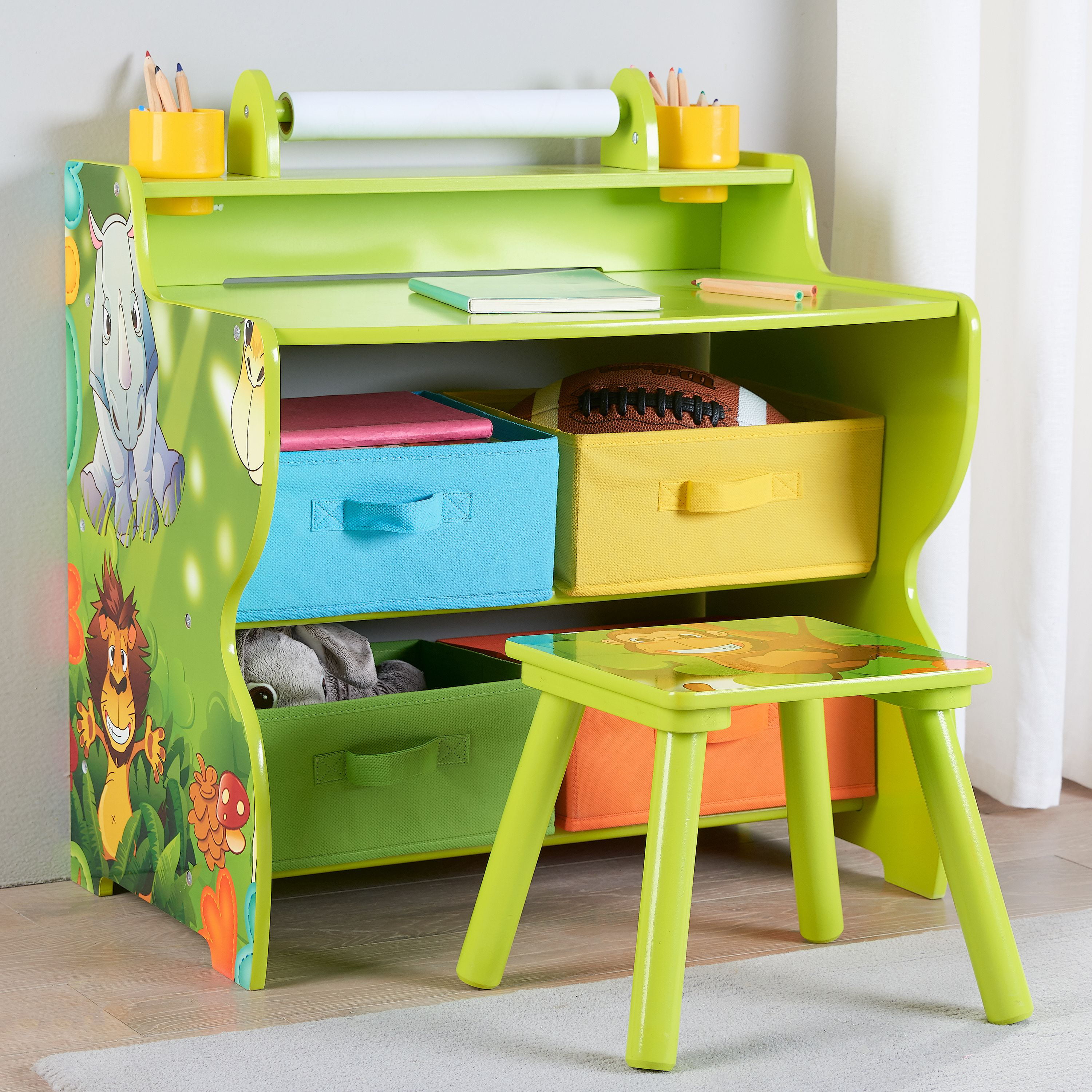 Senda Jungle Kids Writing Desk And Chair With 4 Storage Bins