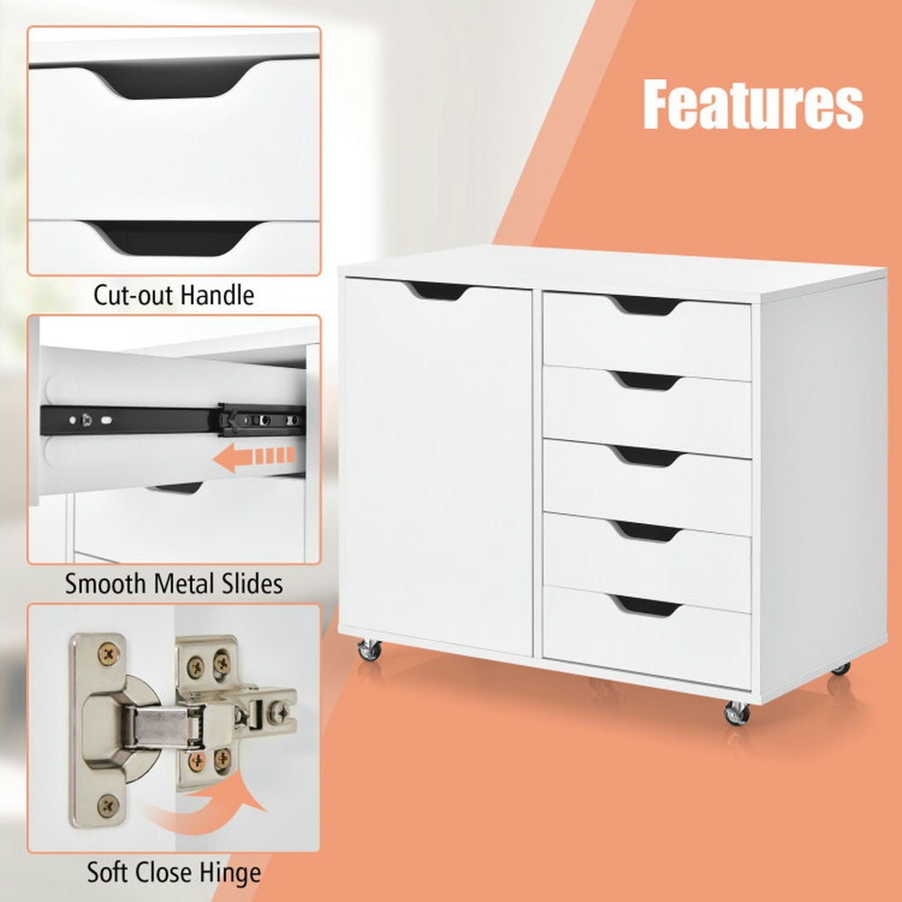 Demi Bonn 5-Drawer Mobile File Cabinet with 4 Universal Casters, Dresser Chest Storage Cabinet with Door, White