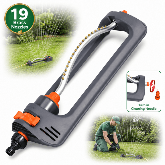 Sprinkler for Yard, Oscillating Water Sprinkler for Lawn with 19-Hole Brass Nozzle, 4-Way Adjustable, Heavy Base, Built-in Cleaning Needle for Garden