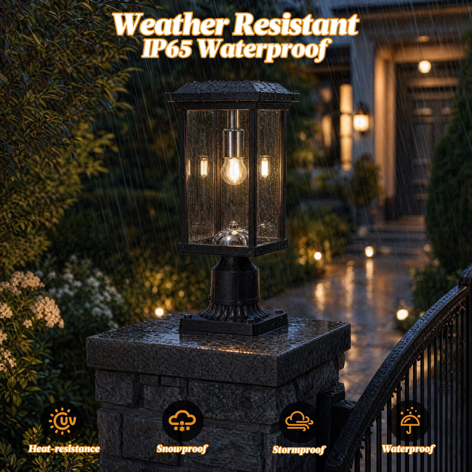 Dusk to Dawn Outdoor Post Light with Pier Mount Base and Glass Panels, Hardwired Aluminum Pole Lamp for Garden, Black