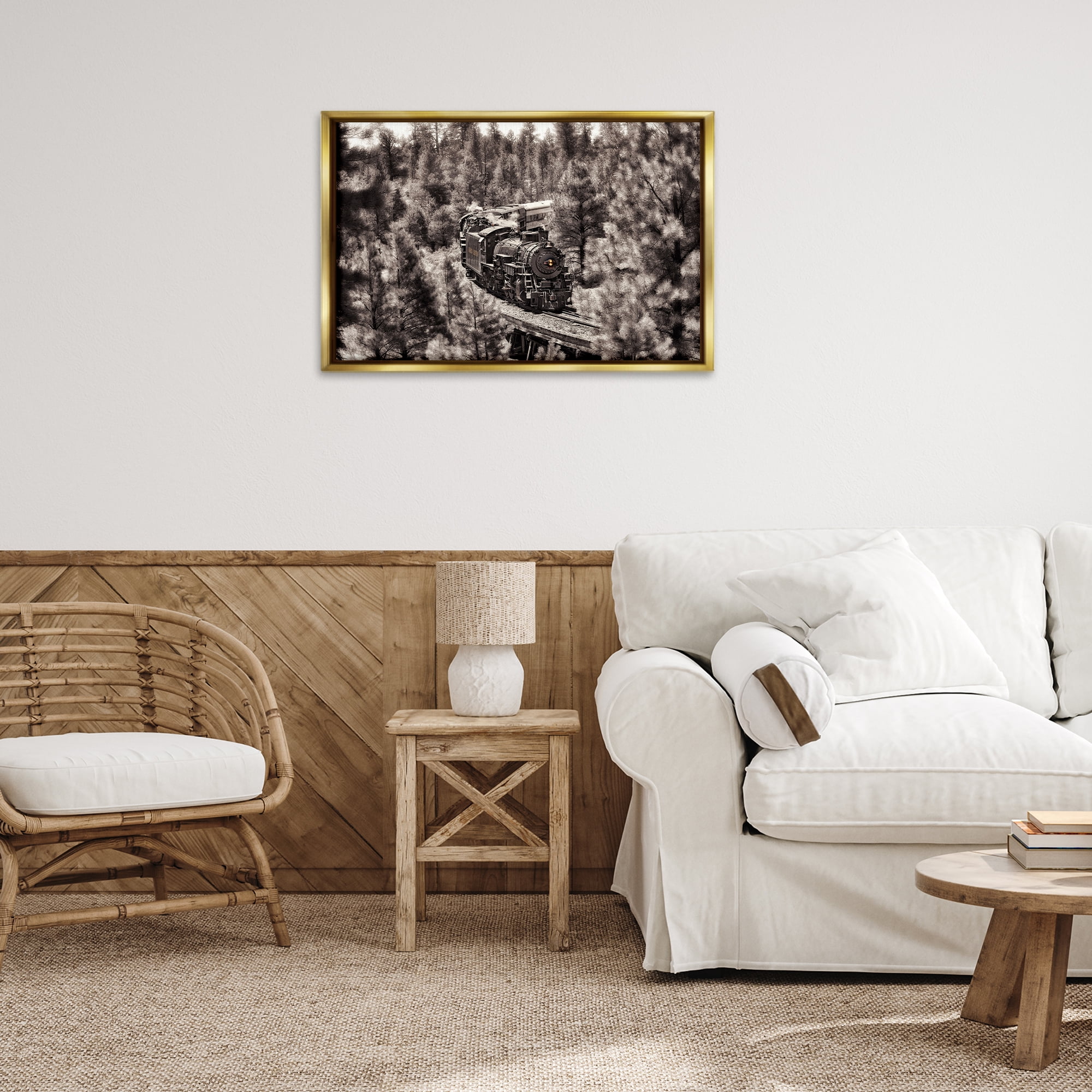 Stupell Industries Train on Curving Path Transportation Photography Gold Floater Framed Canvas Art Print Wall Art, 31 x 21