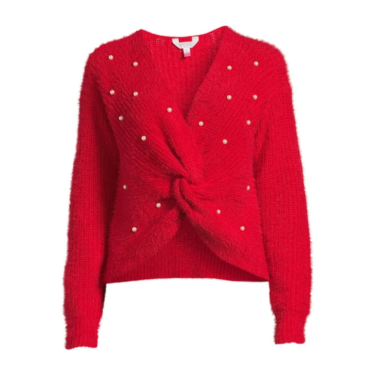 No Boundaries Juniors Twist Faux Pearl Sweater