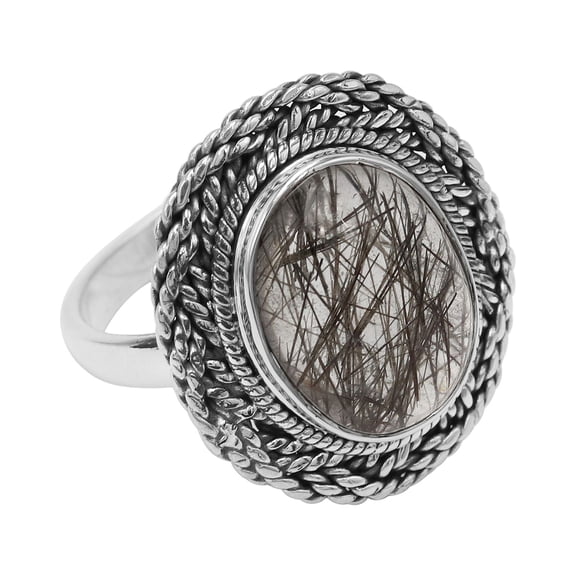 Earth Gems Jewelry Tourmalinated Quartz Ring - Sterling Silver Bold Statement Jewelry for Women's