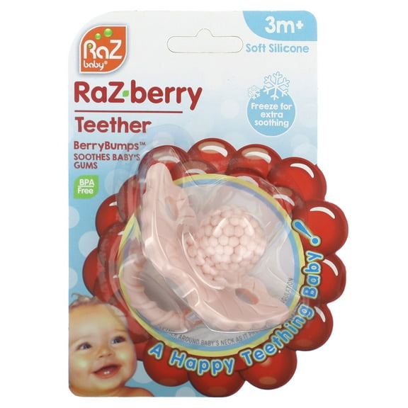 RaZbaby RaZberry Teether - Soothes Sore Gums, Soft Silicone, BPA Free, Easy-to-Hold - Pink