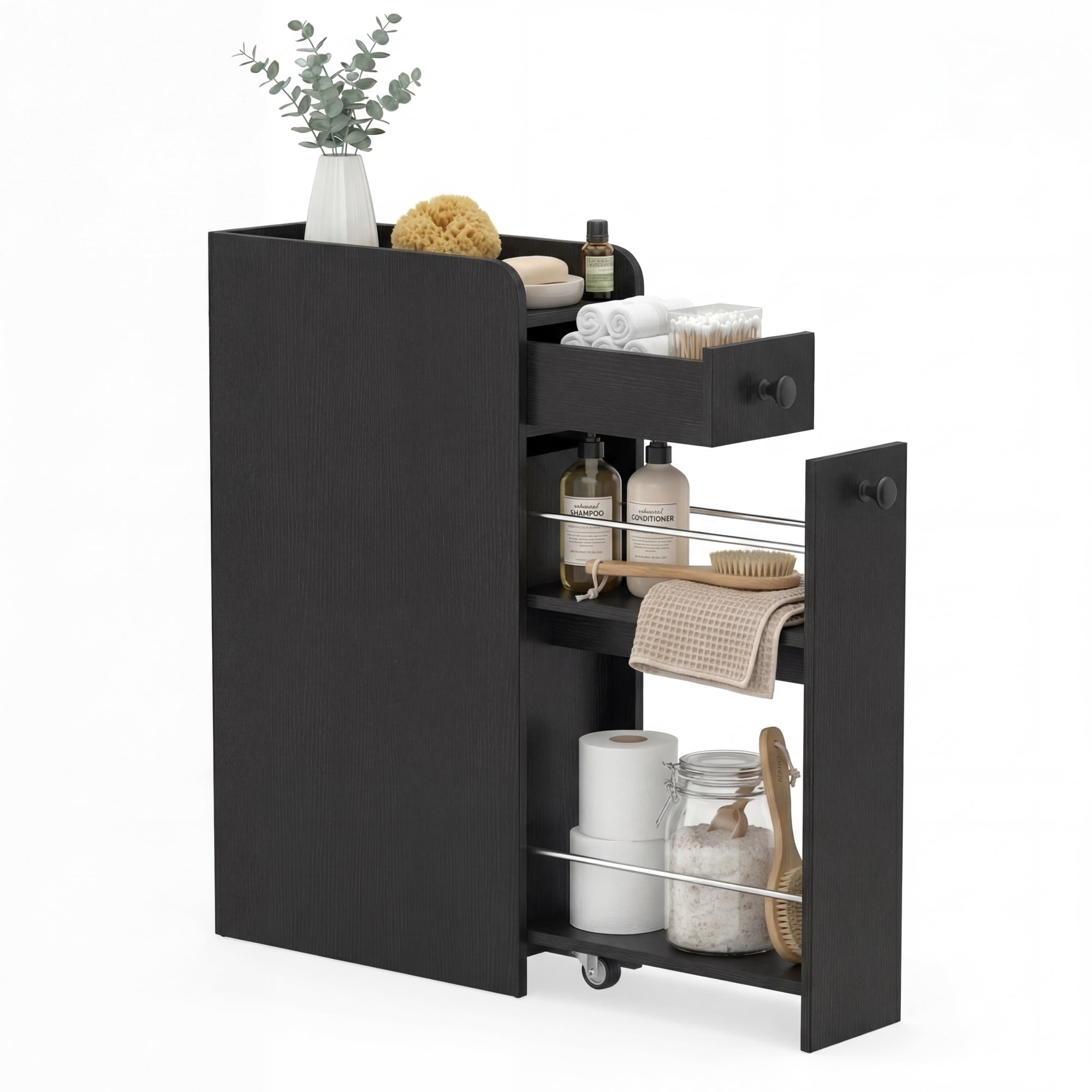 ELLEGNT Bathroom Storage Cabinet on Rolling Wheels – Slim Design, Slide-Out Drawer, Spacious Top, Black