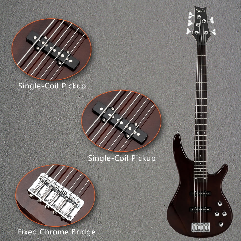 GIB Electric 5 String Bass Guitar Full Size Adjustable Bridge With Bag Strap Pick For Beginners Pros Earth Brown
