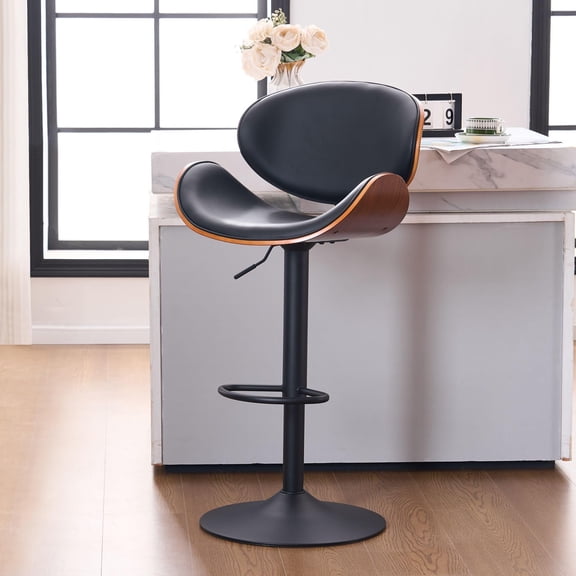YOUNIKE Modern 24”H Swivel Barstool, Adjustable Height Counter Stool with Bentwood, Faux Leather Upholstered Bar Stool with Metal Frame, Black