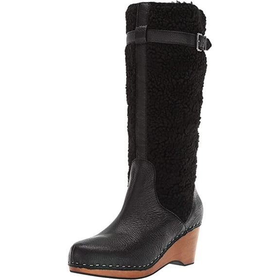 Kelsi Dagger Jagger Black Knee High Wedge Round Toe Zipper Clog Wood Heel Boot (BLACK, 6)