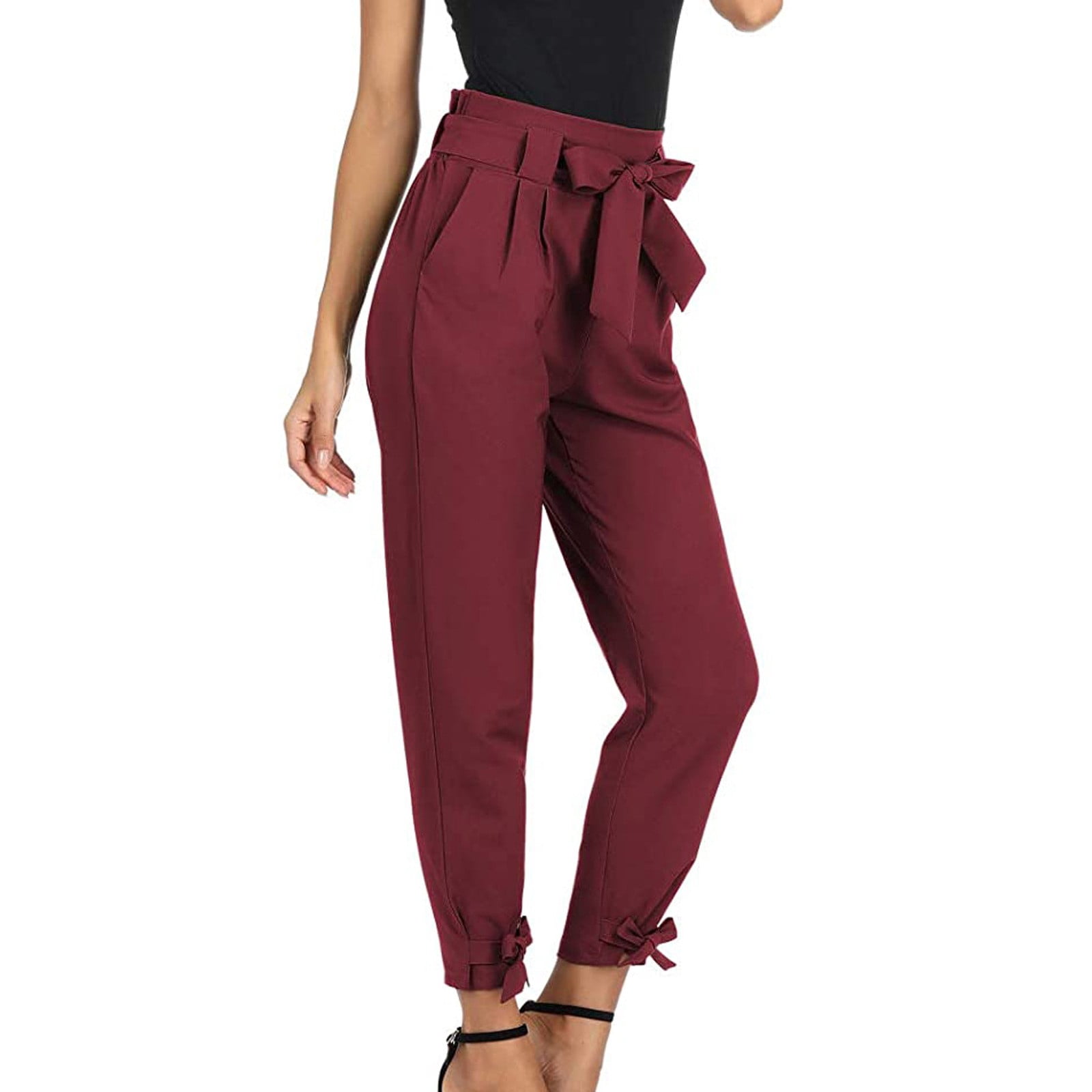 LoyisViDion Woman Pants Clearance Women'S High Waist Pants Tie Up All Match Casual Corset Women'S Trousers Pants Wine 10(XL)
