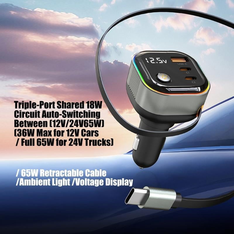 CEORPER Fast Charging Adapter USB C Car Charger Including Retractable Cable Safety