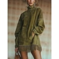 thumbnail image 5 of Women'S High Neck Suede Retro Long Sleeve Dress with Fringe Trim and Pockets Loose Fit Green S, 5 of 8