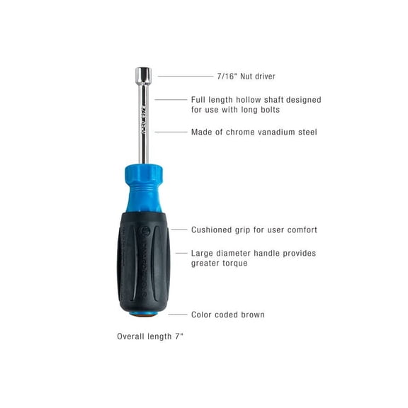 DASAW-ND-630716, Nut Driver, 7/16" Hex Tip, 3" Hollow Shaft with Wide Ergonomic Comfort Grip,Brown