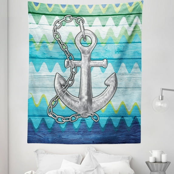 Anchor Tapestry, Nautical Themed Symbol with Chains Motif on Colorful Chevron Zigzags Background, Fabric Wall Hanging Decor for Bedroom Living Room Dorm, 5 Sizes, Multicolor, by Ambesonne