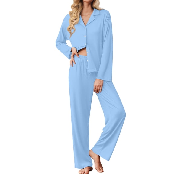 KISSGAL Button Down Pajamas for Women 2 Piece Long Sleeve Pjs Tops and Long Bottom Sleepwear Comfy Lounge Sets