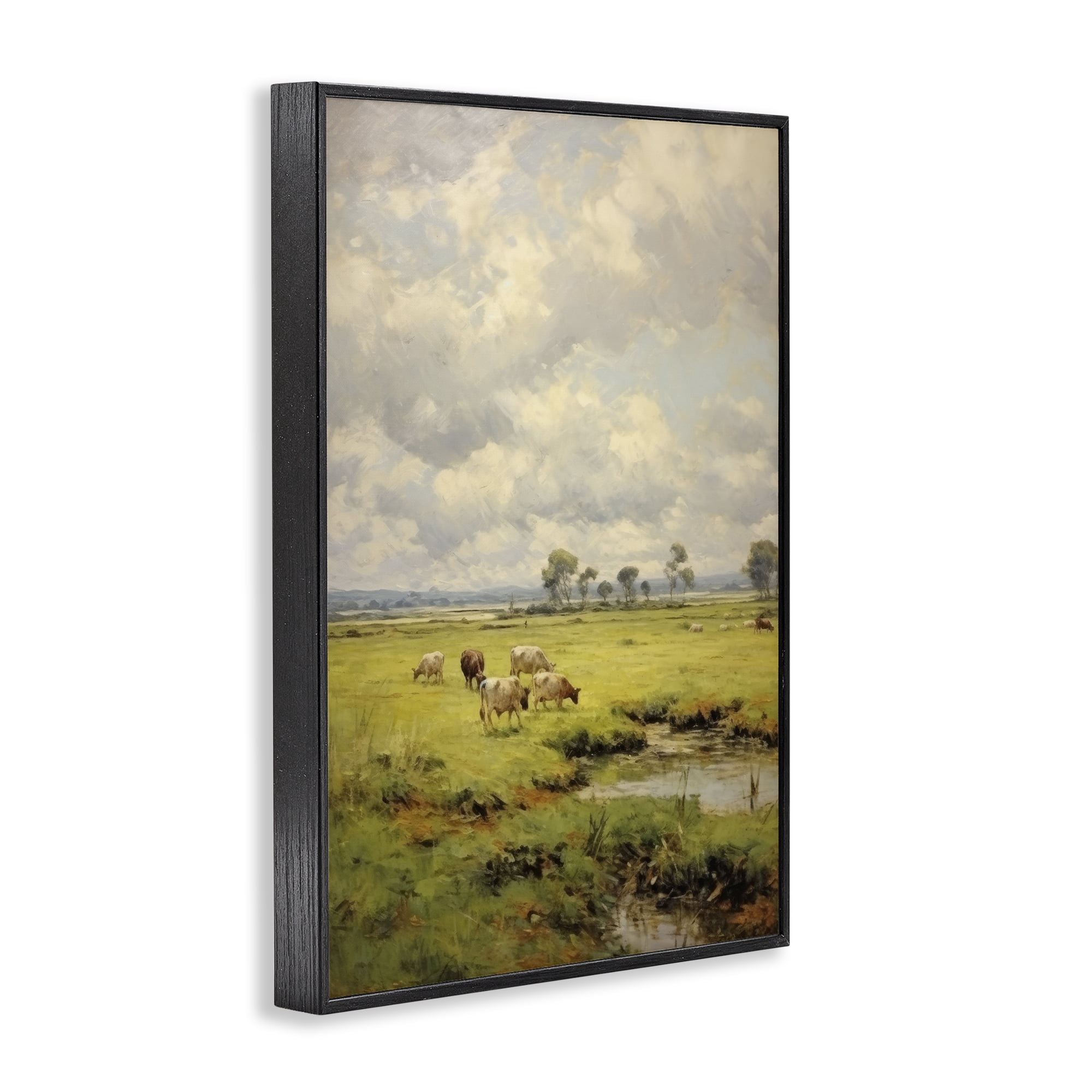 Stupell Industries Grazing Cows Countryside Landscape Painting Black Framed Art Print Wall Art, 20 x 30