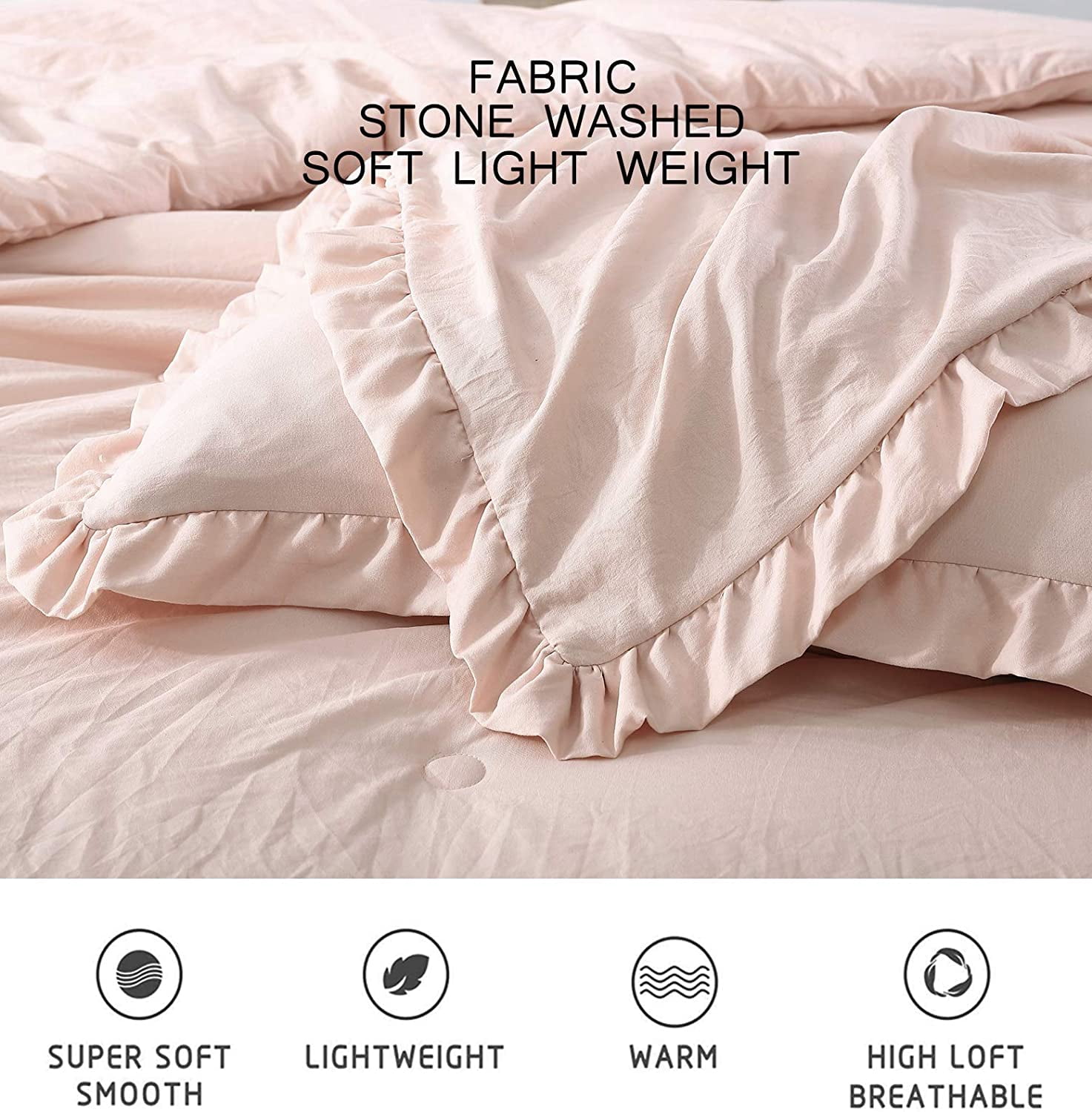 Chezmoi Collection Nora 3-Piece Blush Pink Ruffled Edge Trim Microfiber Comforter Set, Queen Size