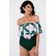 thumbnail image 4 of ABPHQTO Bañador de una pieza con superposición de volantes y hombros descubiertos estampado verde para mujer, 4 of 5