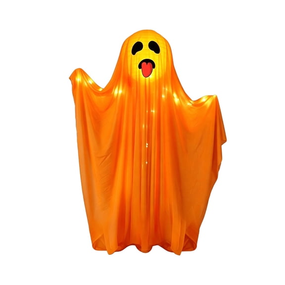Halloween Hanging Ghost Decor, Light Up Orange Cloth Ghost Ornament with Warm LED Lights, Spooky Cute Ghost Pendant for Front Door, Porch, Garden Party Decorations