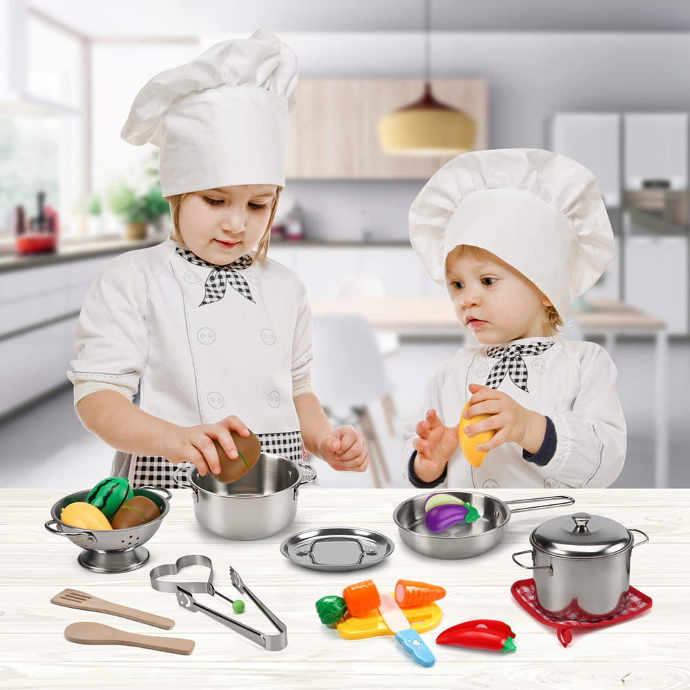 Utensils Stainless Steel Play Pots Kids Toy Kitchen Play Set Kitchen Cookware Playset with Storage Box for Toddlers & Children Ages 3 Years and up Pans Toys Spoons