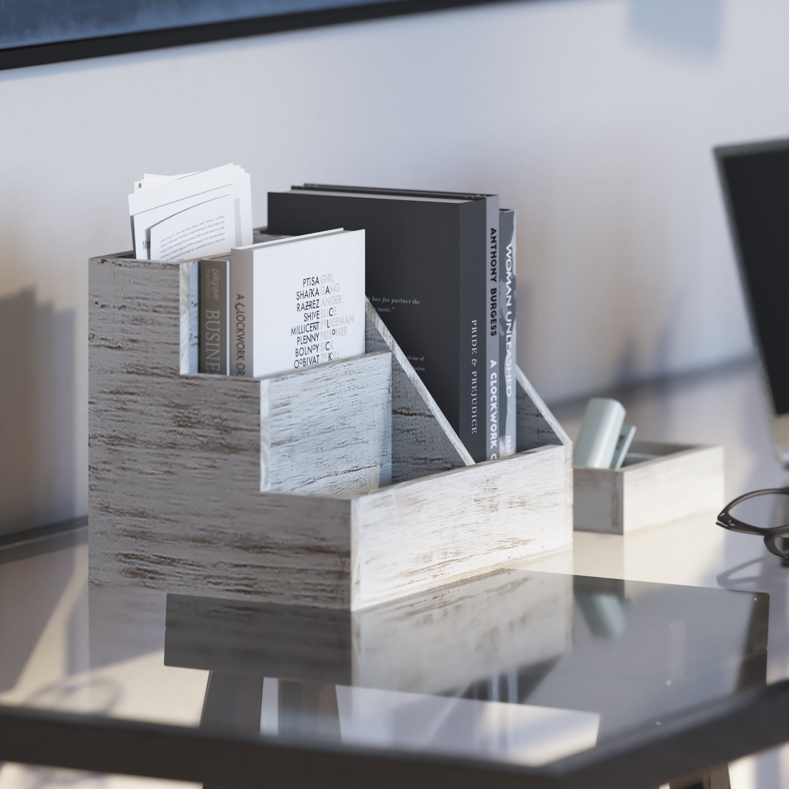 HBCY Creations 3 PIECE Whitewashed Wooden Desk Organizer Set- Rustic Mail Organizer For Desktop - Great For Rustic or Industrial Decor! Makeup Organizer For Vanity