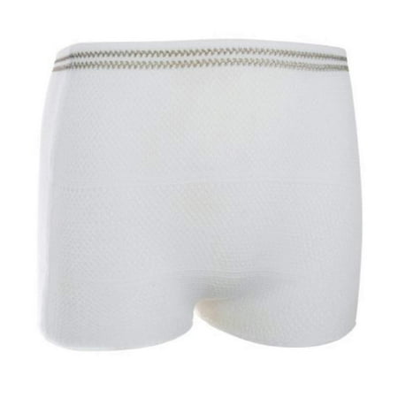 AMZ 100 Pack Disposable Knit Pants. White Unisex Pants, Brown Waistband. Pull On Polyester, Spandex Seamless Panties. Incontinence Underwear for Leak Protection, Postpartum, Post Surgery,