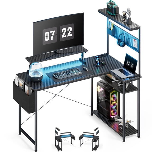 UPGO 52 Inch L Shaped Carbon Fiber Gaming Corner Desk with Power Strip, Adjustable Monitor Stand, Pegboard & Storage Shelves, Reversible Computer Desk for Bedroom Office Gaming