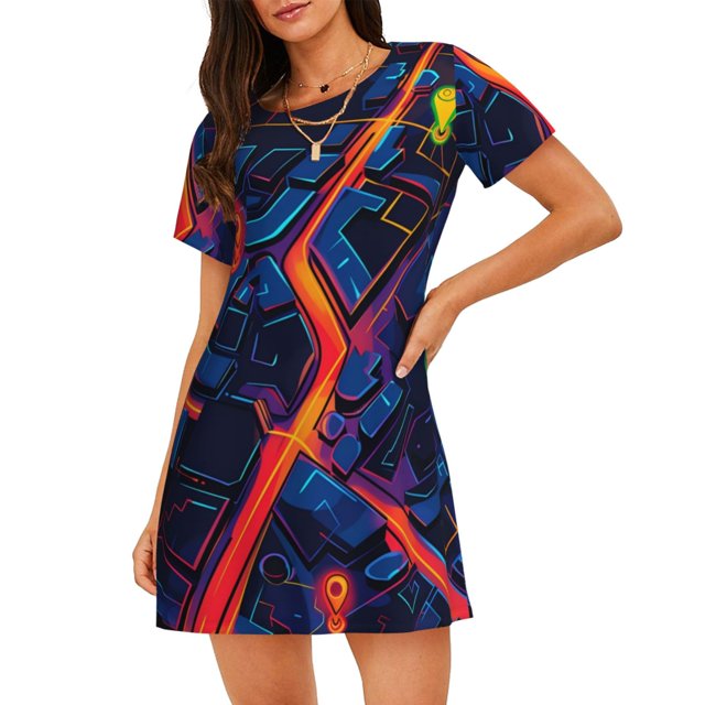 Fotbe Neon City Map Bata de Dormir para Mujer con Estampado, Camisón de Algodón de Manga Corta, Ropa de Dormir Casual