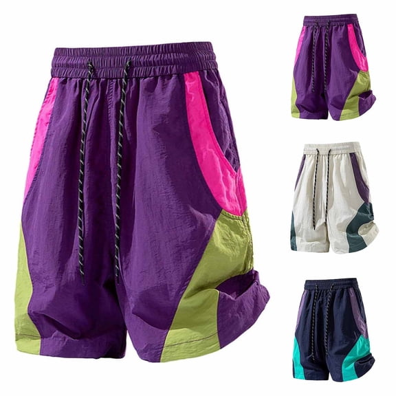 Ailaofu Womens Color Block Athletic Shorts Vintage Streetwear Loose Shorts with Pockets Elastic Drawstring High Waist Windbreaker Short Pants Casual Running Sport Bottoms
