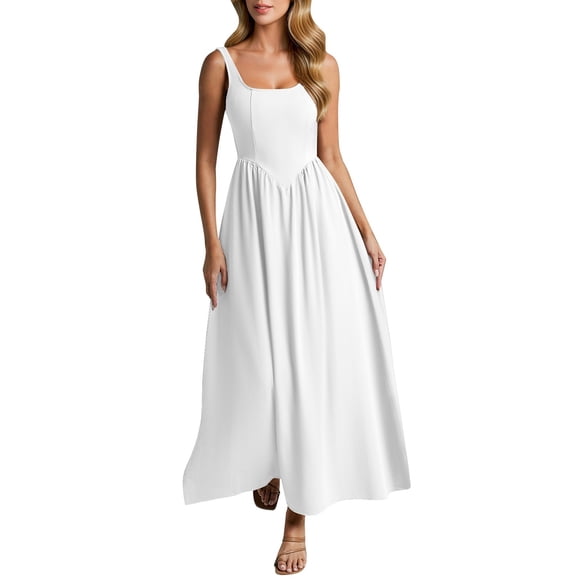 Daiosportswear Women Summer Casual Square Neck Long Tank Dress Elegant Sleeveless Flowy A Line Waist-Cinching Design,Women'S Sleeveless Dress White L(L)