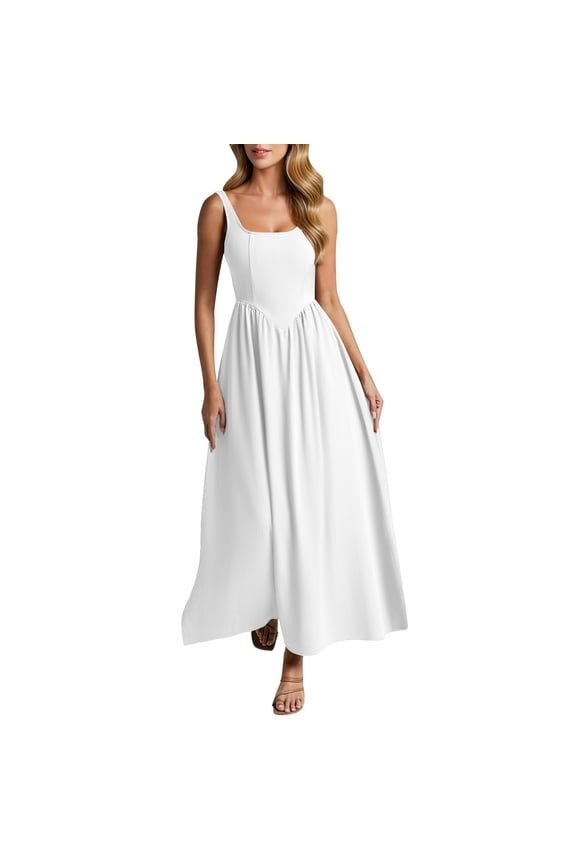 Summer Sleeveless Dresses for Women Elegant Casual Spaghetti Strap Swing A Line Long Flowy Dress for Vacation (White,XL)