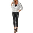 thumbnail image 2 of CHAQUETA METÁLICA BRILLANTE CON CAPUCHA Holográfica para Mujeres INSPIRE CHIC de Manga Larga y Cremallera XL Plata, 2 of 5