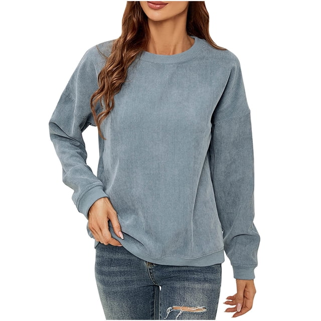IROINID Liquidation T-Shirts à Manches Longues pour Femmes en Velours Côtelé Uni Col Rond Chandail Haut Col Rond Haut/chemise, Bleu