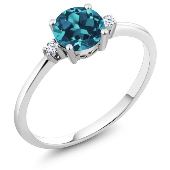 Gem Stone King 10K White Gold London Blue Topaz and White Created Sapphire Solitaire Engagement Ring for Women (0.78 Cttw, Round 6MM, Gemstone November Birthstone, Size 5)